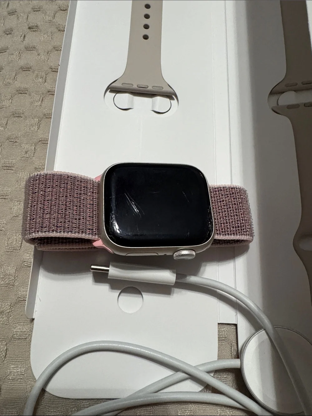 Series 7 - 41 MM Apple Watch with Mauve Pink Nylon Loop & Light Beige Spare Band